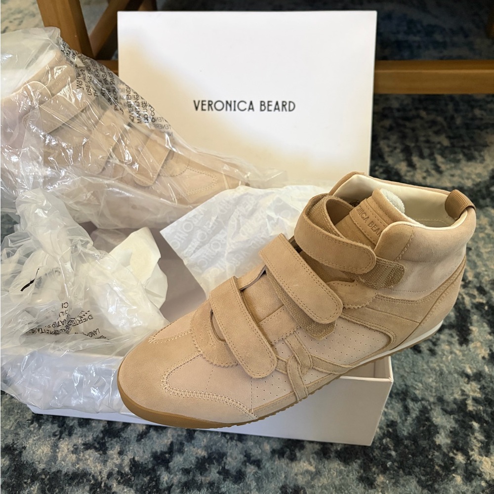 Veronica Beard Tan Suede Velcro High-Top Sneakers- Nima style